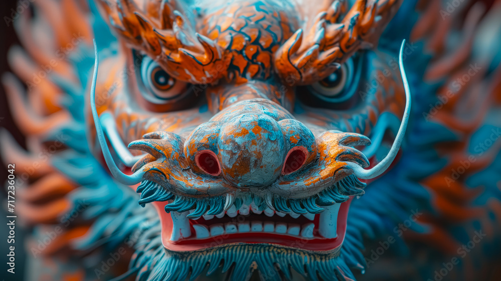 vibrant and intricately detailed dragon statue with intense blue and orange tones, showcasing traditional Asian art and craftsmanship vibrant and intricately detailed dragon statue with intense blue and orange tones, showcasing traditional Asian art and craftsmanship