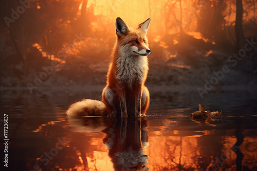 Fuchs im Wald am Wasser, Spiegelung des Fuchses im Wasser