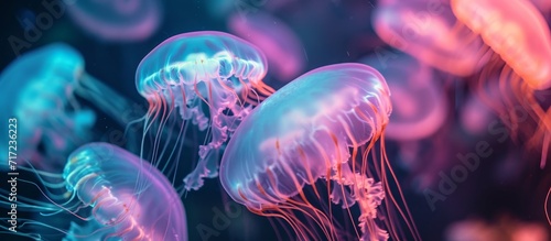 Neon-colored jellyfish with glowing tentacles reside in the ocean's deep seabed, an underwater habitat for marine life. © 2rogan