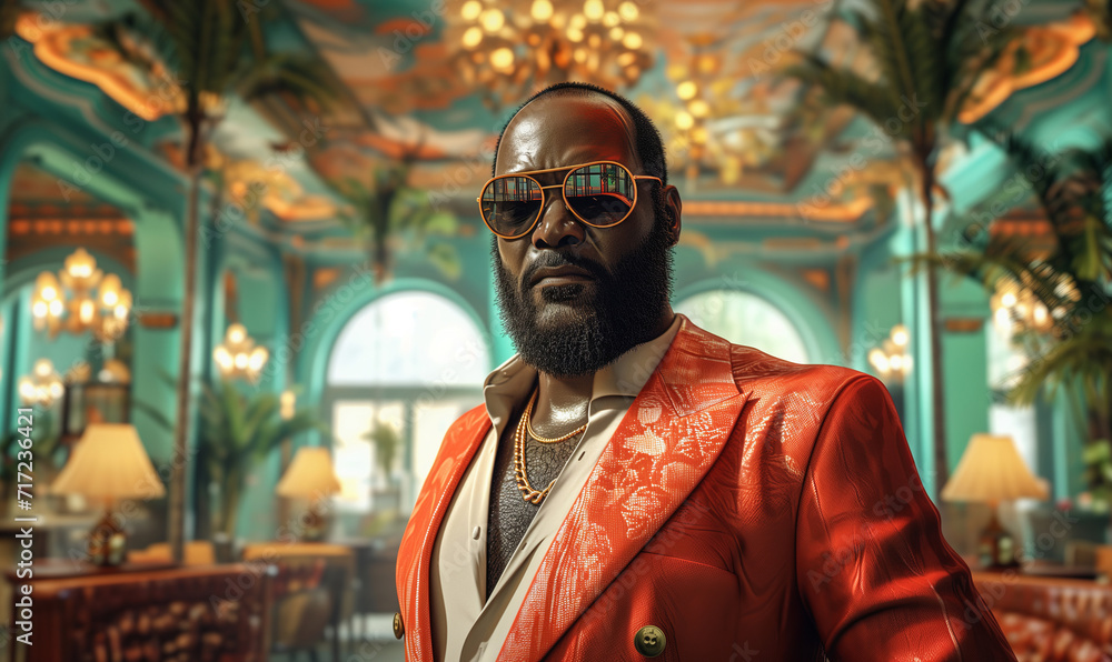Obraz premium Elegant Man in Red Jacket with Golden Accents, Vintage Luxury Interior
