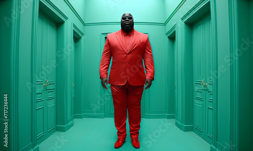 Man in Striking Red Suit Standing Confidently, Monochrome Green Room