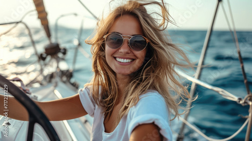 beautiful young cheerful woman on a yacht in the sea, sailing ship control, emotional girl, yachting, smiling lady, summer, travel, ocean, vacation, portrait, hobby, sport © Julia Zarubina