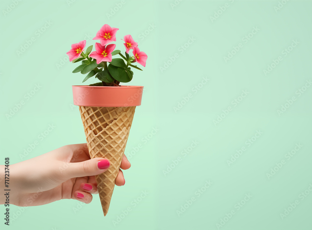Female hand holding a cone with flowers, spring and summer concept. Minimal concept of food and season