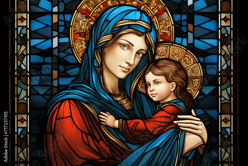 Holy Mary with Baby Jesus - Culture and Religion Concept. Colorful Stained Glass Illustration.