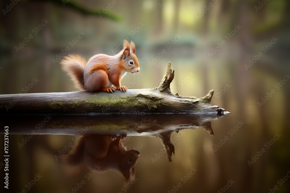 Eichhörnchen im Wald auf einem Stück Holz am  Wasser, Spiegelung des Eichhörnchens im Wasser