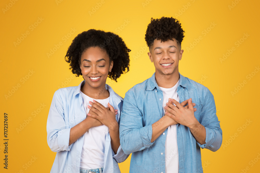 A cheerful African American woman and man in casual clothes hold their hands to their hearts A cheerful African American woman and man in casual clothes hold their hands to their hearts