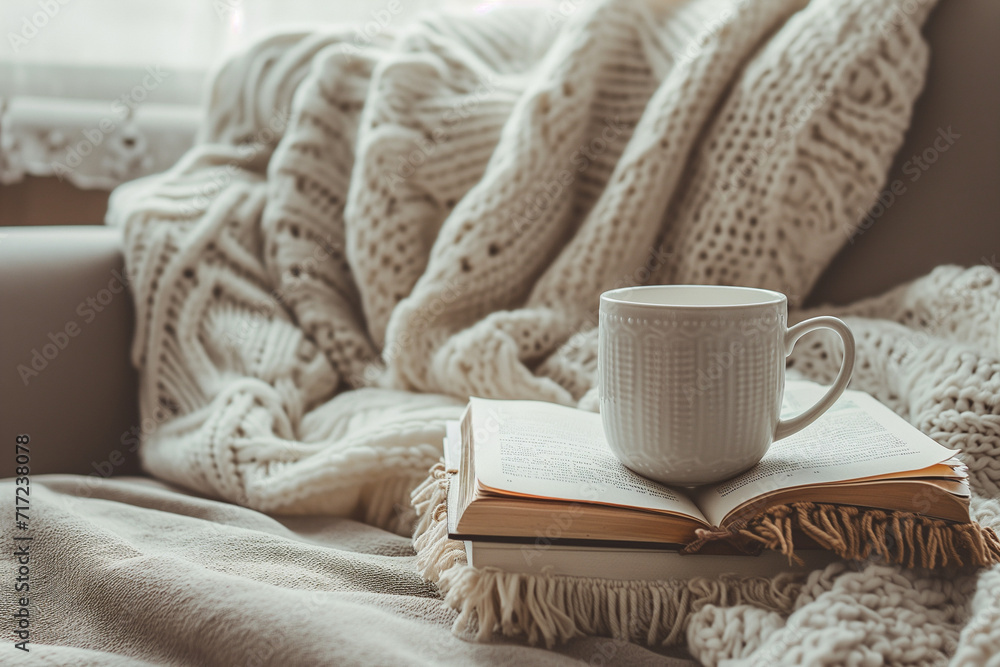 A cozy corner with a blanket, a book, and a cup of tea, inviting people to enjoy a good read