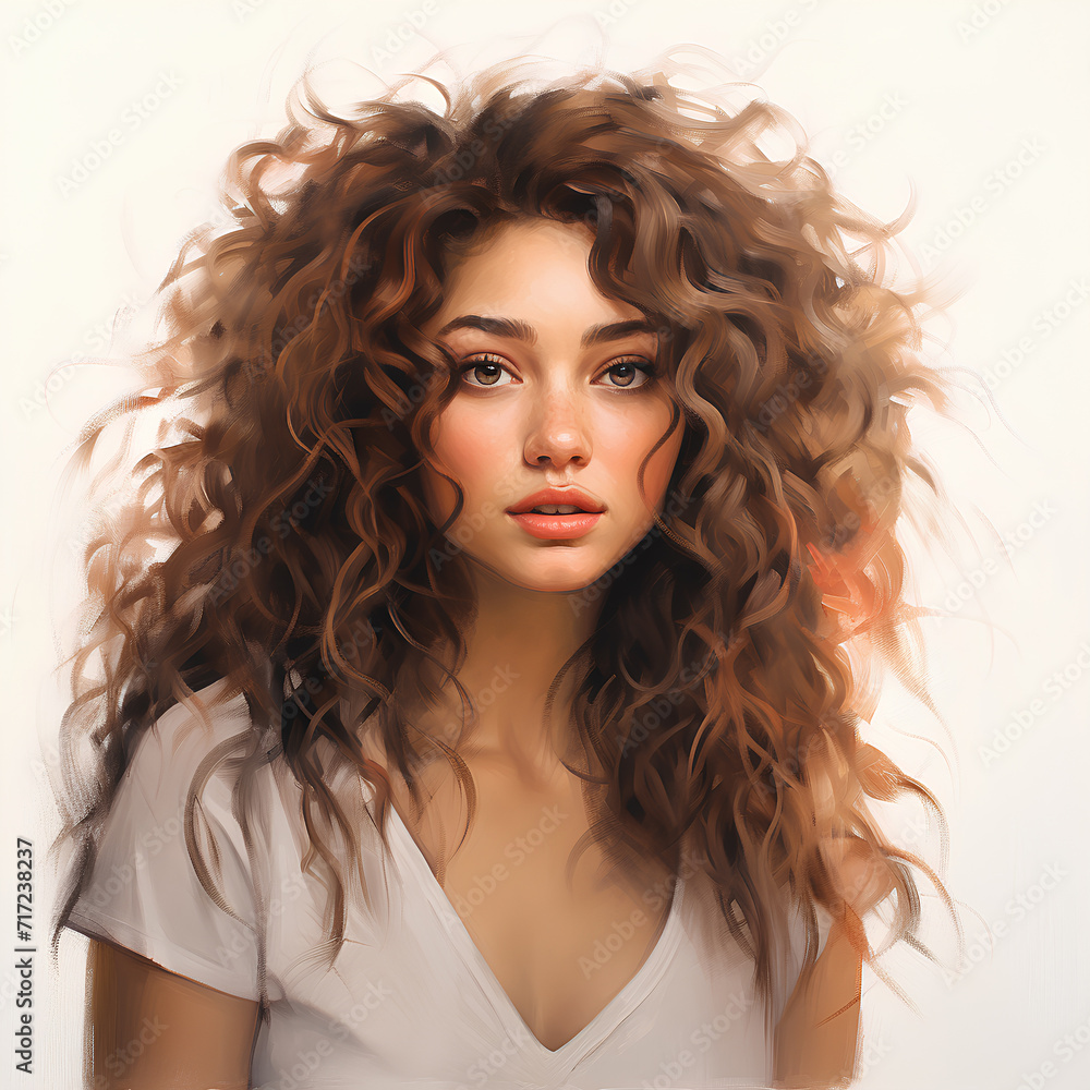 Naklejka premium Portrait of a young beautiful woman with volumetric curls on a white background.