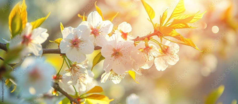 Spring sunlight shines on cherry blossom branches adorned with fresh leaves.