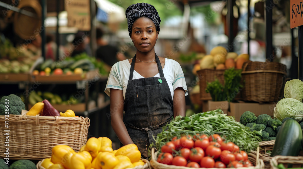 Portrait of a black female working at a farmers market stall with fresh organic agricultural products looking at camera