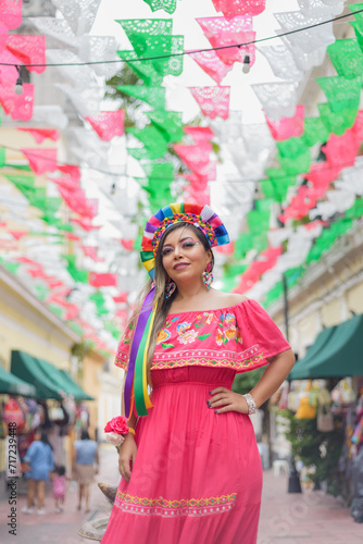 Mexican woman wearing traditional dress with multicolored embroidery. Woman celebrating the Cinco de Mayo. © sandor