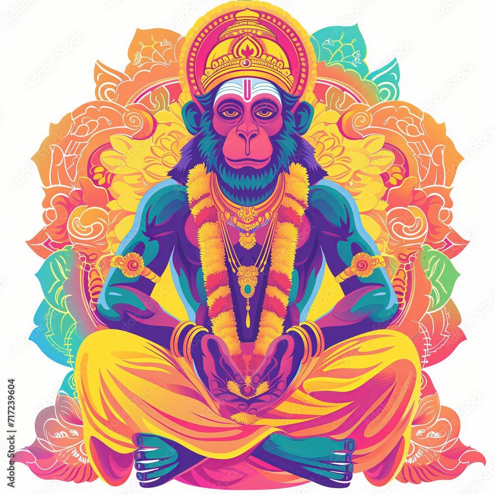 Hanuman in Prayerful Pose Amidst Vibrant Festive Backdrop Illustration