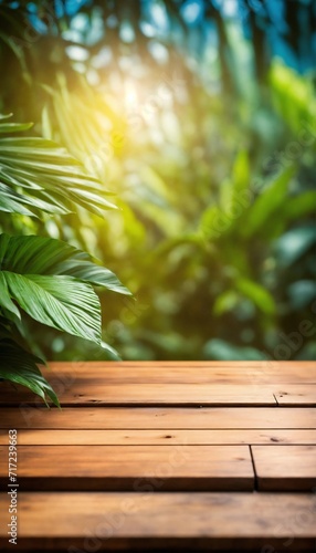 Wooden tabletop at tropical paper texture wall template mock up for display of product business presentation.