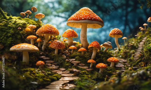 un petit village de champignons amanite tue-mouche - generative AI