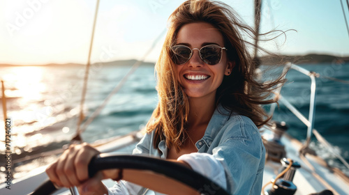 beautiful young cheerful woman on a yacht in the sea, sailing ship control, emotional girl, yachting, smiling lady, summer, travel, ocean, vacation, portrait, hobby, sport © Julia Zarubina