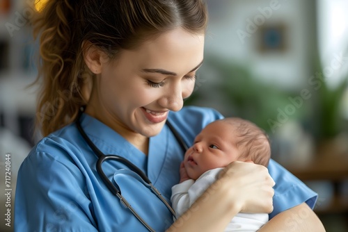 Nurse in Blue Scrubs Holding a Newborn Baby