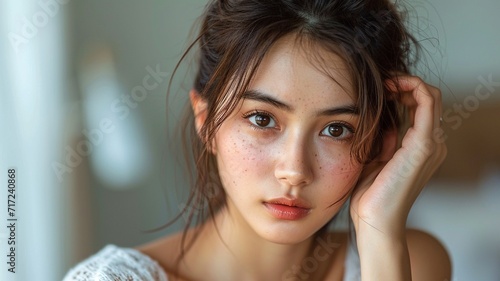 Dermatology, expression face worry asian young woman looking mirror hand touch facial generative ai photo