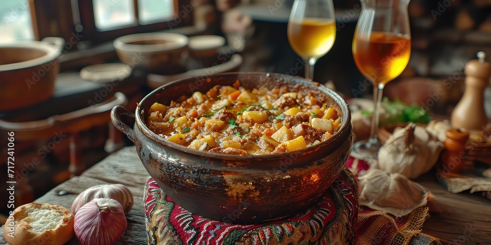 Balkan Culinary Comfort. A Hearty Stew of Tradition Captured in a Visual Symphony. Dive into the Culinary Comfort in a Charming Balkan Village with Soft Lighting