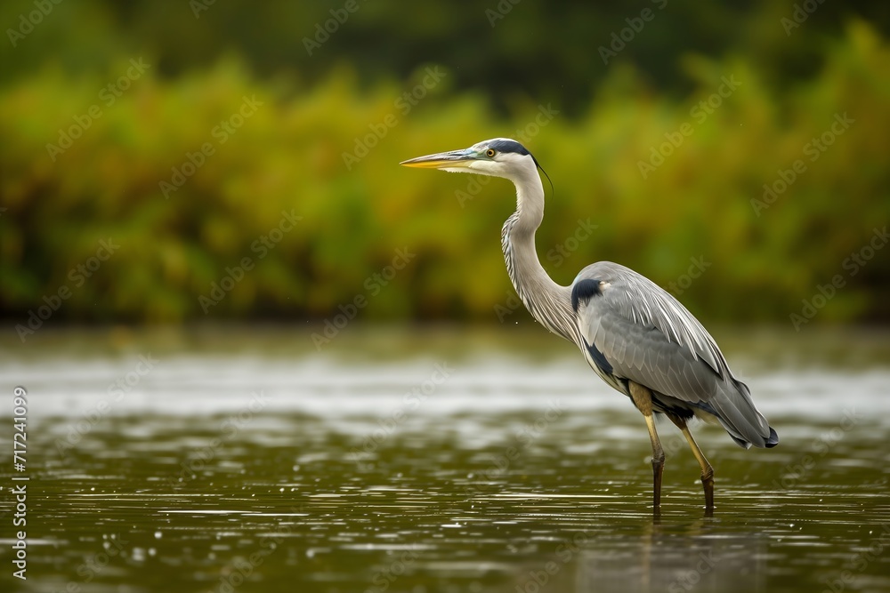 Grey Heron Standing by the Lush Green Riverbank Grey Heron Standing by the Lush Green Riverbank