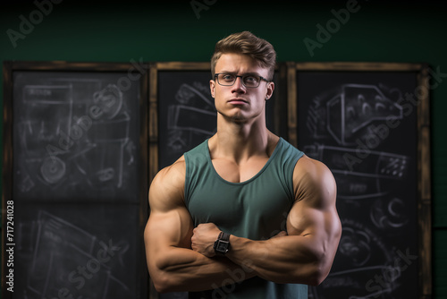 Nerd Sportler, Junger Mann mit Brille vor einer Tafel in der Universität, Sportlicher Student