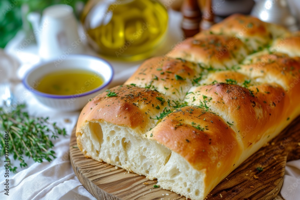 Freshly Baked Herb Bread Loaf on Rustic Wooden Board with Olive Oil and Herbs in the Background