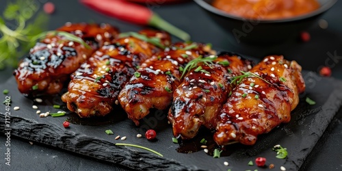 Honey-Soy Glazed Wings Delight Asian Fusion Culinary Bliss. A Symphony of Sticky Sweetness and Umami Captured. Immerse in the Asian Fusion Culinary Delight in a Trendy Tokyo Eatery with Soft Lighting
