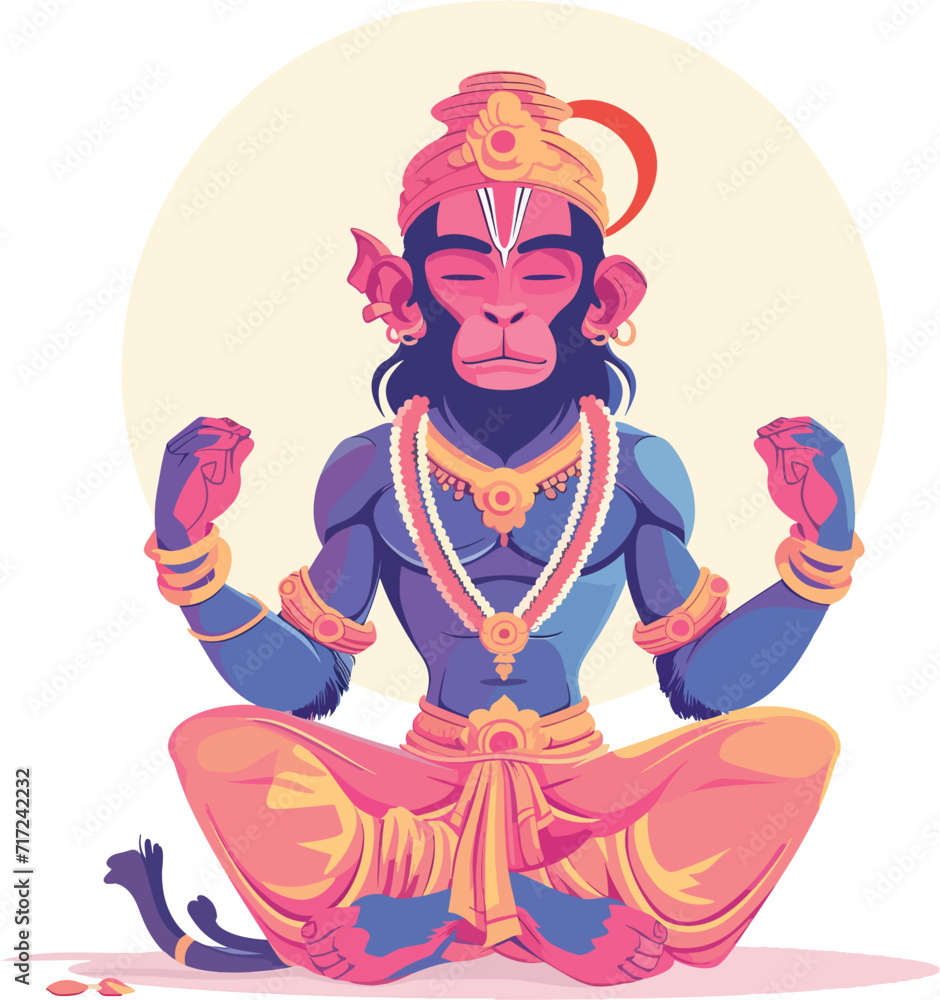 Serene Hanuman Seated with Sacred Symbols, Traditional Hindu Illustration Serene Hanuman Seated with Sacred Symbols, Traditional Hindu Illustration