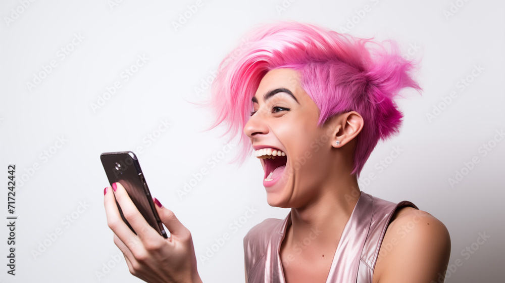 super happy screaming gender fluid person with short pink hair holding a phone on a white background super happy screaming gender fluid person with short pink hair holding a phone on a white background