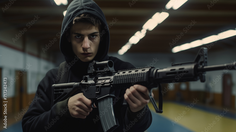 High Schooler with a machine gun