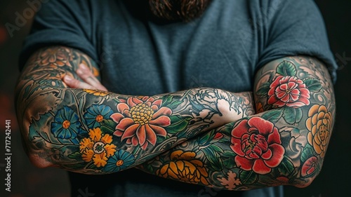 people with tattoos Both arms area on a Dark background, generative ai