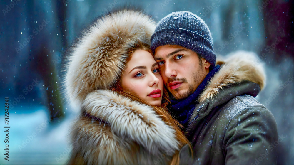 A girl in a fur coat and hat hugs a guy in a winter forest