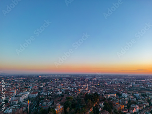 Aerial view Citta Alta Bergamo  Italy. Drone aerial view of the old town during sunrise. Landscape at the city center  its historical buildings. 