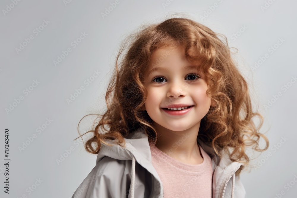 Portrait of a smiling little girl with curly hair over gray background Portrait of a smiling little girl with curly hair over gray background