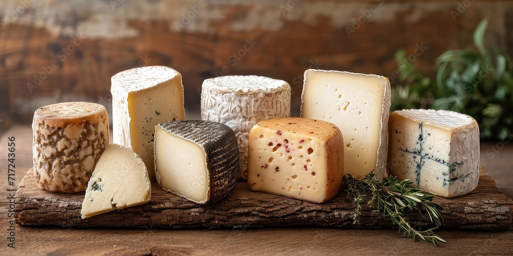 Cow's Milk Cheeses Palette - A Culinary Symphony of Creamy, Nutty, and Sharp Flavors. Dive into the Culinary Palette in a Rustic European Cheese Cellar with Soft Lighting
