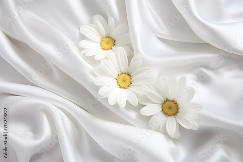 Two white daisy flowers on white silky fabric close up. Tenderness, wedding or other concept. Greeting or invitation card