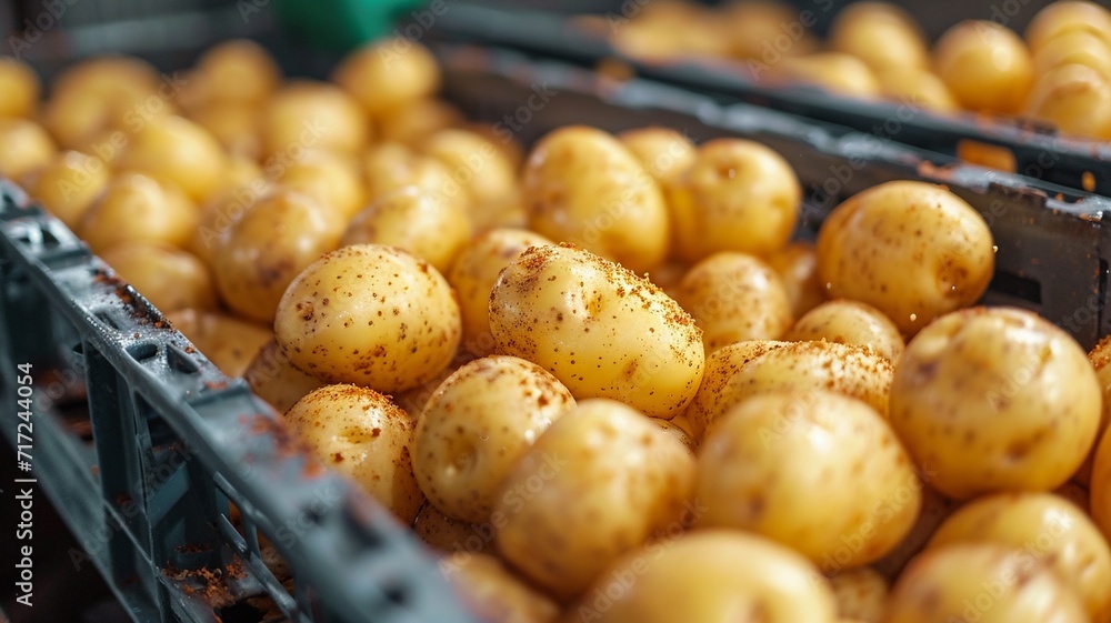 Potatoes are transferred into the container through a close-up potato conveyor, generative ai Potatoes are transferred into the container through a close-up potato conveyor, generative ai
