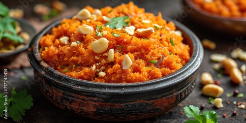 Gajar ka Halwa Elegance - Culinary Artistry of Carrot Pudding, a Flavorful Tapestry of Ghee, Nuts, and Sweet Bliss. Dive into the Culinary Artistry in a Cozy Indian Homestead with Soft Lighting