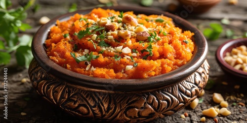 Gajar ka Halwa Elegance - Culinary Artistry of Carrot Pudding, a Flavorful Tapestry of Ghee, Nuts, and Sweet Bliss. Dive into the Culinary Artistry in a Cozy Indian Homestead with Soft Lighting photo