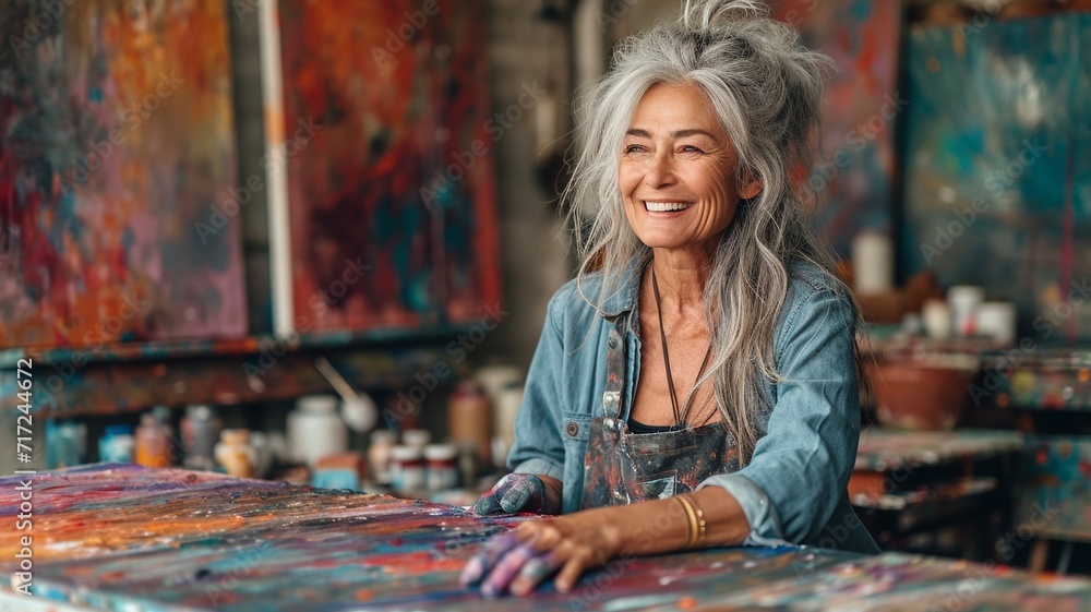 Senior lady artist enjoying painting activity in studio, generative ai Senior lady artist enjoying painting activity in studio, generative ai