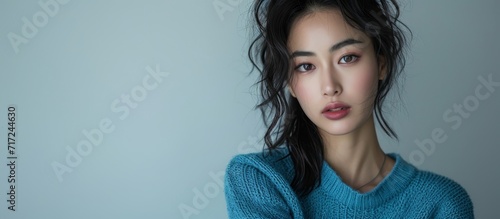 Studio portrait of a slim, elegant Asian woman posing in a blue sweater, black leather shorts on a white and soft gray background. photo