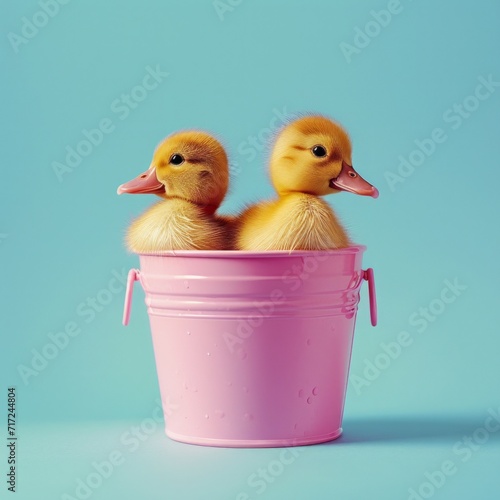 A pink bucket with two cute baby ducks on pastel azure background. Easter or Valentine's Day romantic love concept.  © LyubaAlex