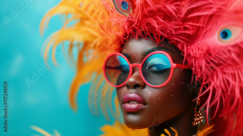 Beautiful woman at the Brazilian carnival and festival. A vibrant portrait of a woman in carnival costume with red feathers and stylish sunglasses against a teal background