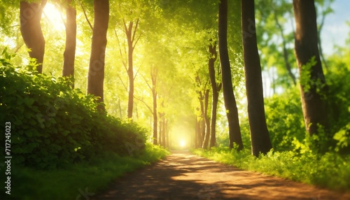 Pathway in the middle of the green leafed trees with the sun shining through the branches © Wix