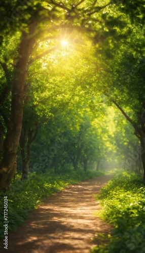 Pathway in the middle of the green leafed trees with the sun shining through the branches