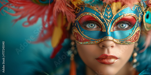 Beautiful woman at the Brazilian carnival and festival. A vibrant close-up of a woman in a blue and gold carnival mask with feathers.