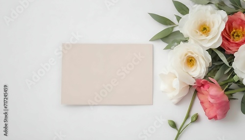 Flat-lay of flowers and card over light white silk background for wedding , valentine or anniversary day created with generative ai 