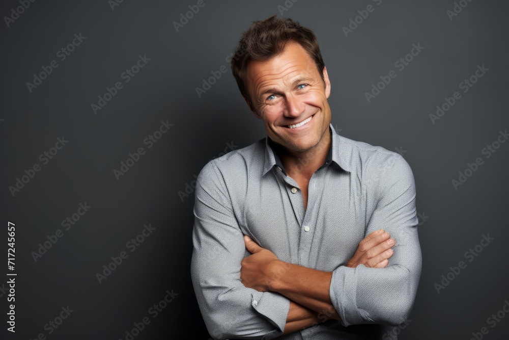 Portrait of a handsome smiling man standing with arms crossed against grey background.