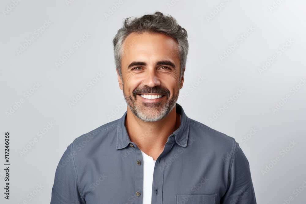 Portrait of handsome middle-aged man with grey hair and beard smiling at camera Portrait of handsome middle-aged man with grey hair and beard smiling at camera