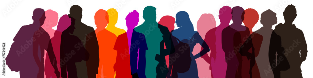 Multicolored transparent silhouettes of men and women, a group of standing business people. Isolated vector illustration