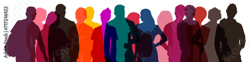 Multicolored transparent silhouettes of men and women, a group of standing business people. Isolated vector illustration